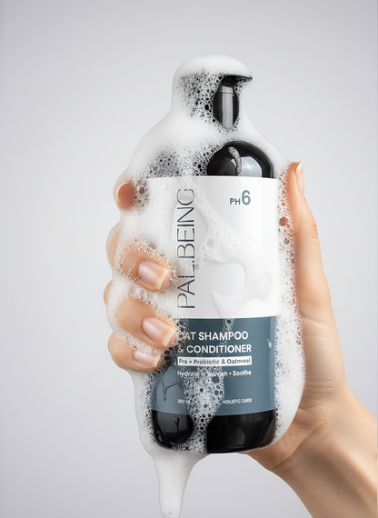 Hand holding a bottle of Pal Being cat shampoo and conditioner with soap suds.