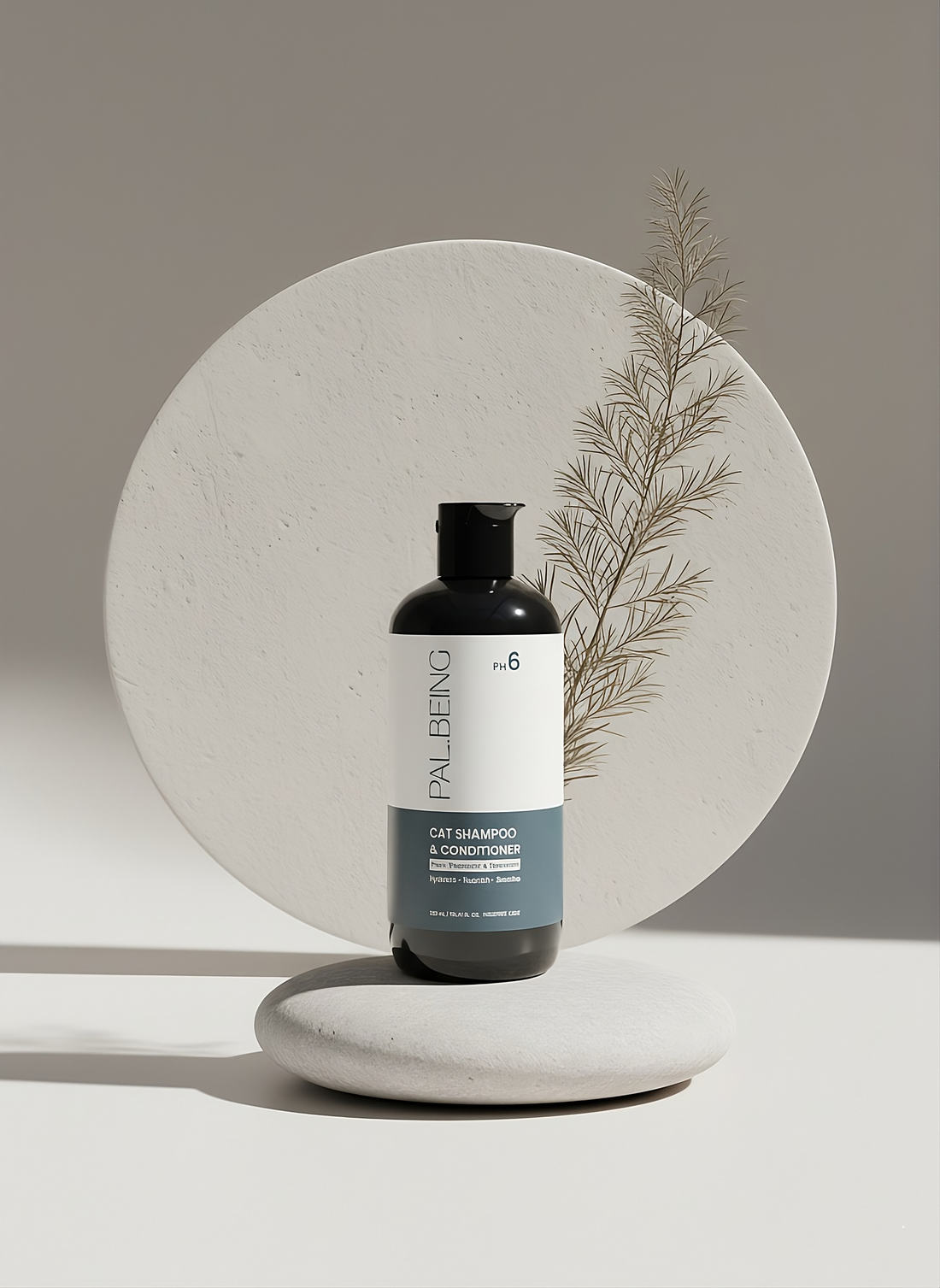 Cat shampoo bottle on a round stone surface with a minimal background