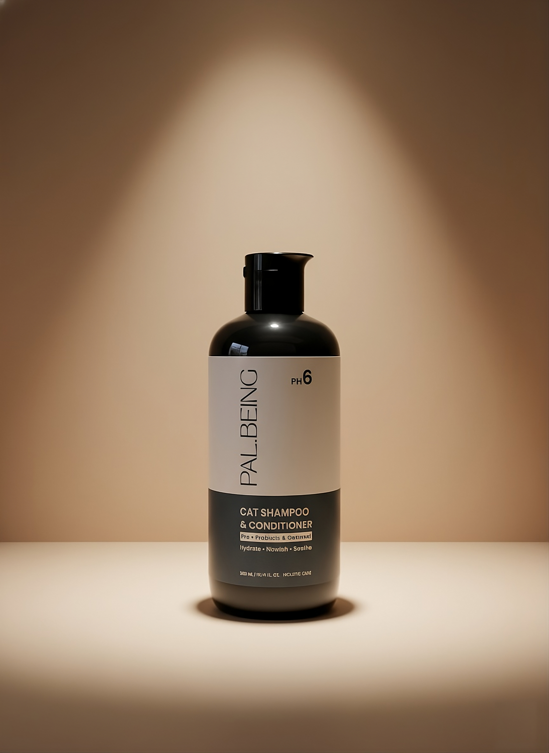 Bottle of Palbeing cat shampoo and conditioner on a beige background