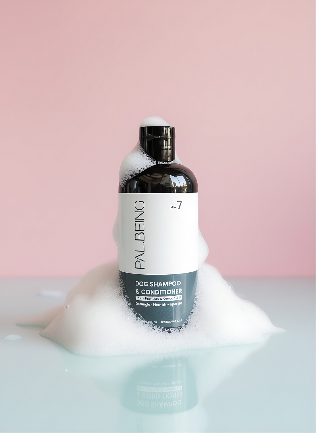 Bottle of Palbeing dog shampoo and conditioner on a light pink background