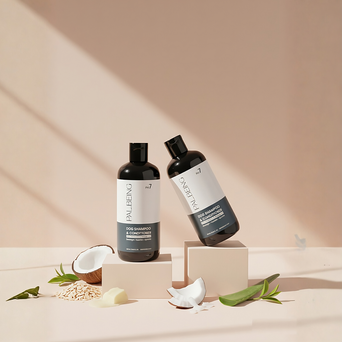 Two bottles of Palbing hair care products on a beige background with natural elements.