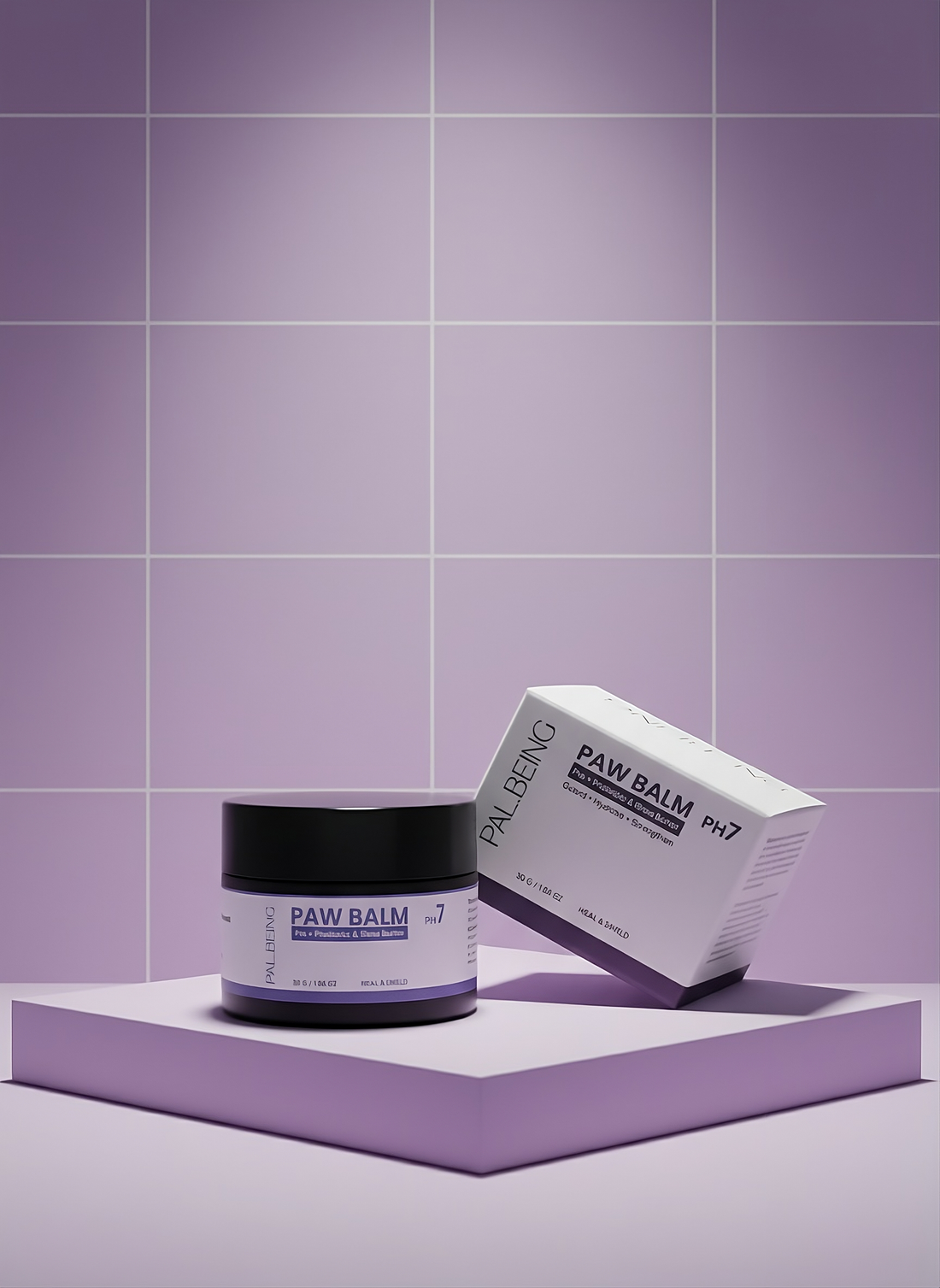 Paw balm jar and box on a purple platform with a purple tiled background