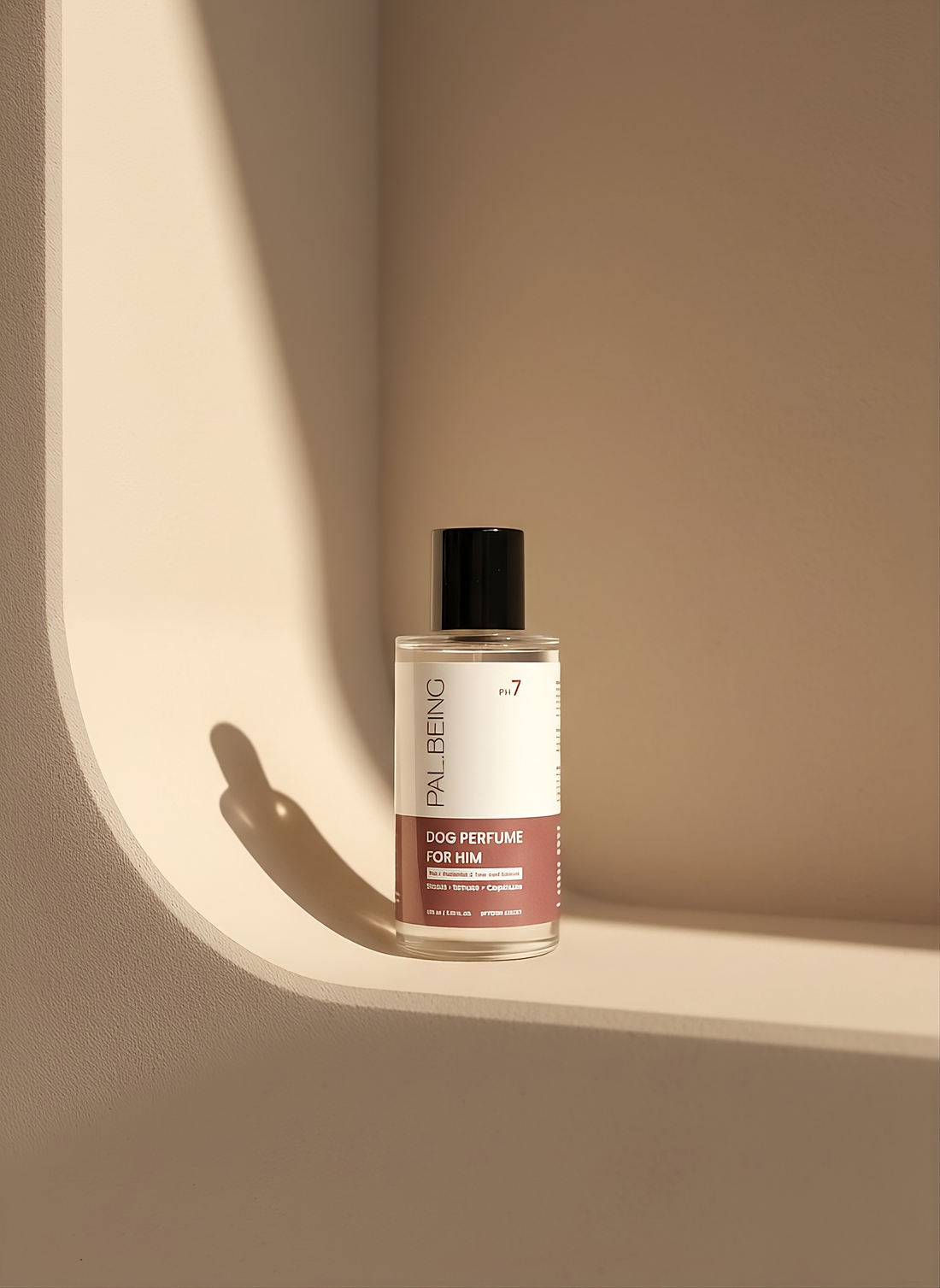 Bottle of dog perfume on a beige shelf with soft lighting