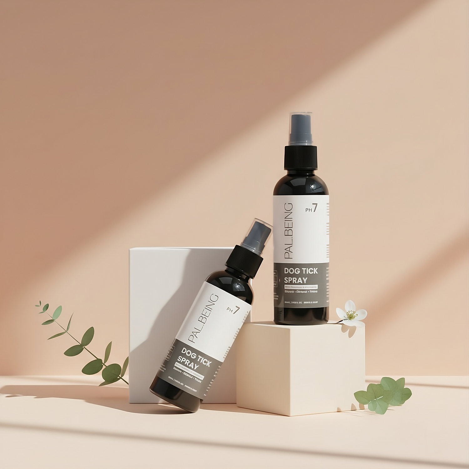 Two bottles of Palbing dog tick spray on a beige background with green leaves.