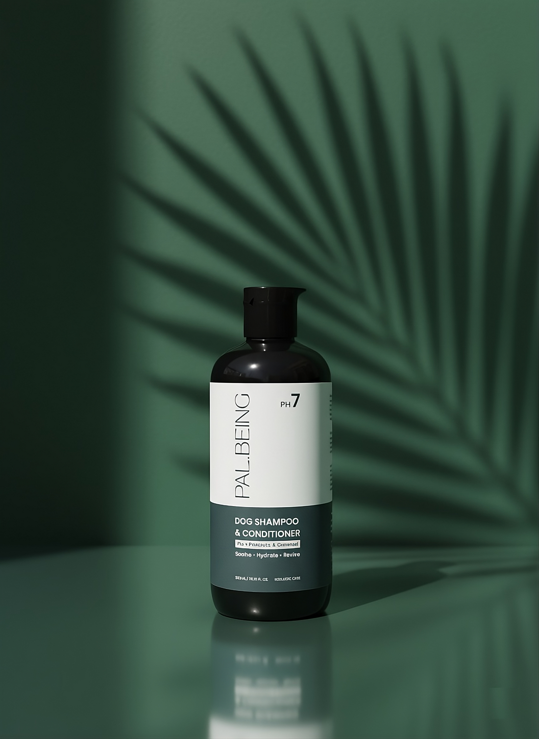Dog shampoo and conditioner bottle with palm leaf shadow on a green background