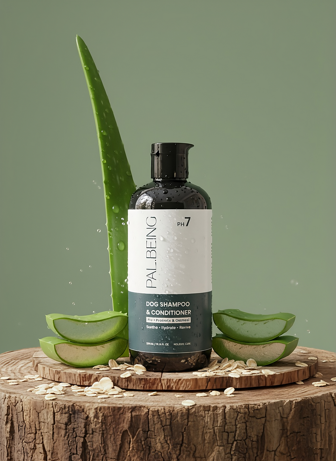 Dog shampoo and conditioner bottle with aloe vera leaves on a wooden stump against a green background