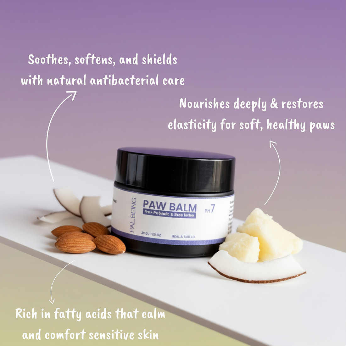 Paw balm jar with ingredients and text on a white surface