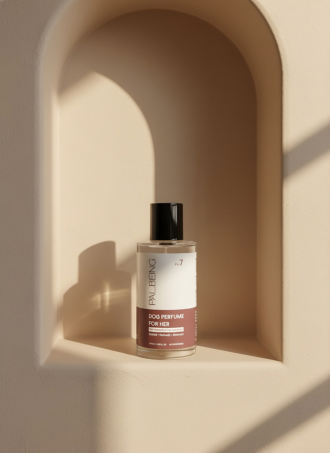 Perfume bottle in a beige archway with soft lighting
